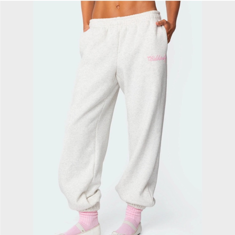 Edikted Gray with Pink Bow Logo Sweatpants